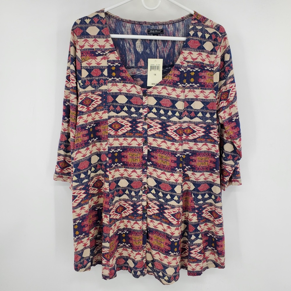 NWT Lucky Brand Women's 1X Southwestern Geometric Button Front Tunic Top Shirt